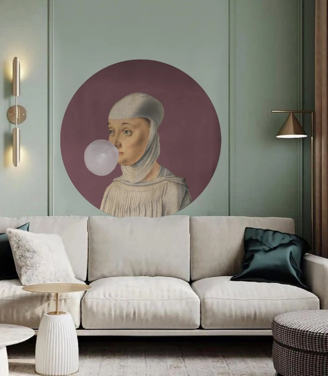 Tapeta w kształcie koła Dots Woman with Bubble Gum Eggplant Wallcolors DOT-8725