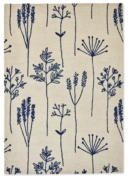 Beżowy Dywan z Granatowym Roślinnym Wzorem - STIPA DENIM126408